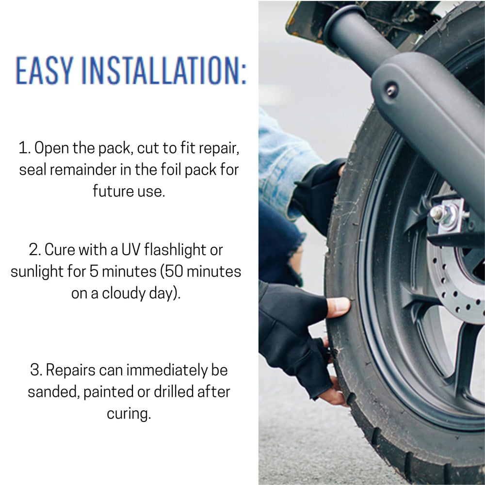 Tear Mender patch applied to car bumper under sunlight curing, quick durable repair benefit