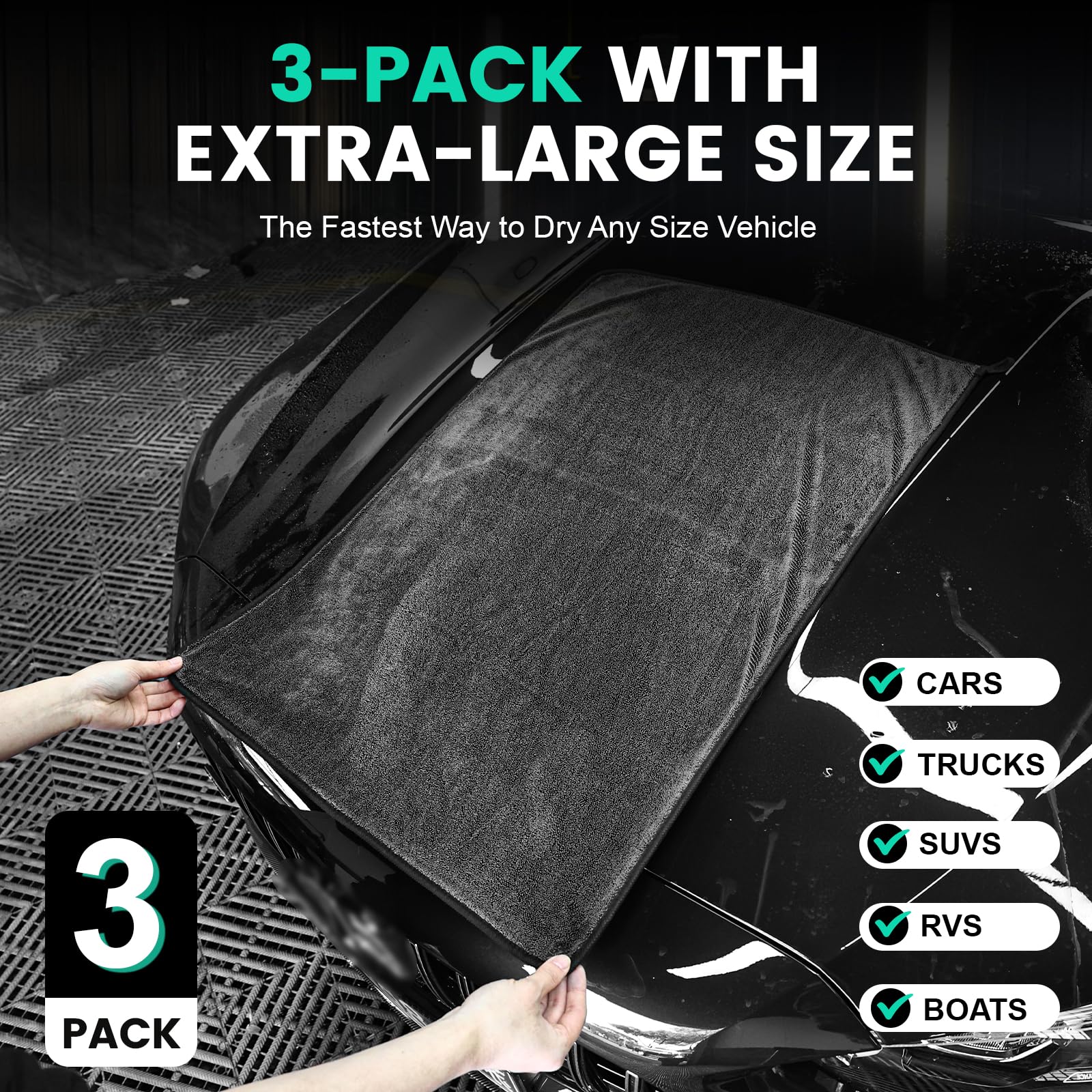 TEAWOO towel folded on sedan hood showing coverage and convenient size