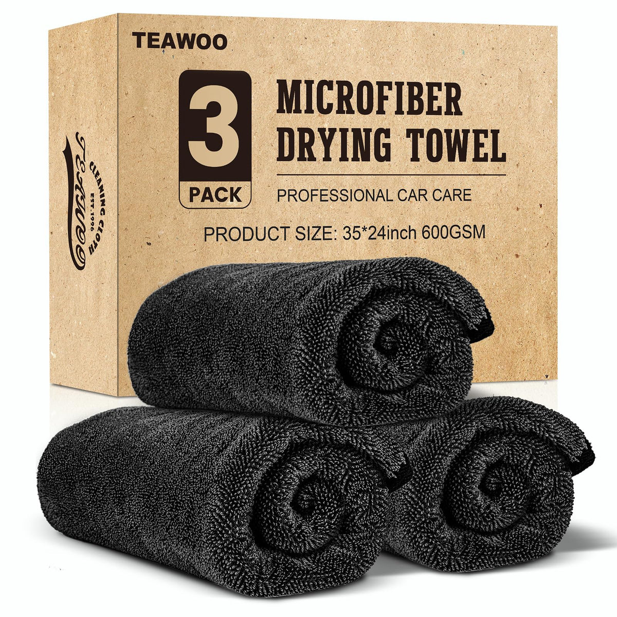 TEAWOO 3-pack front view showing towels and packaging for easy selection