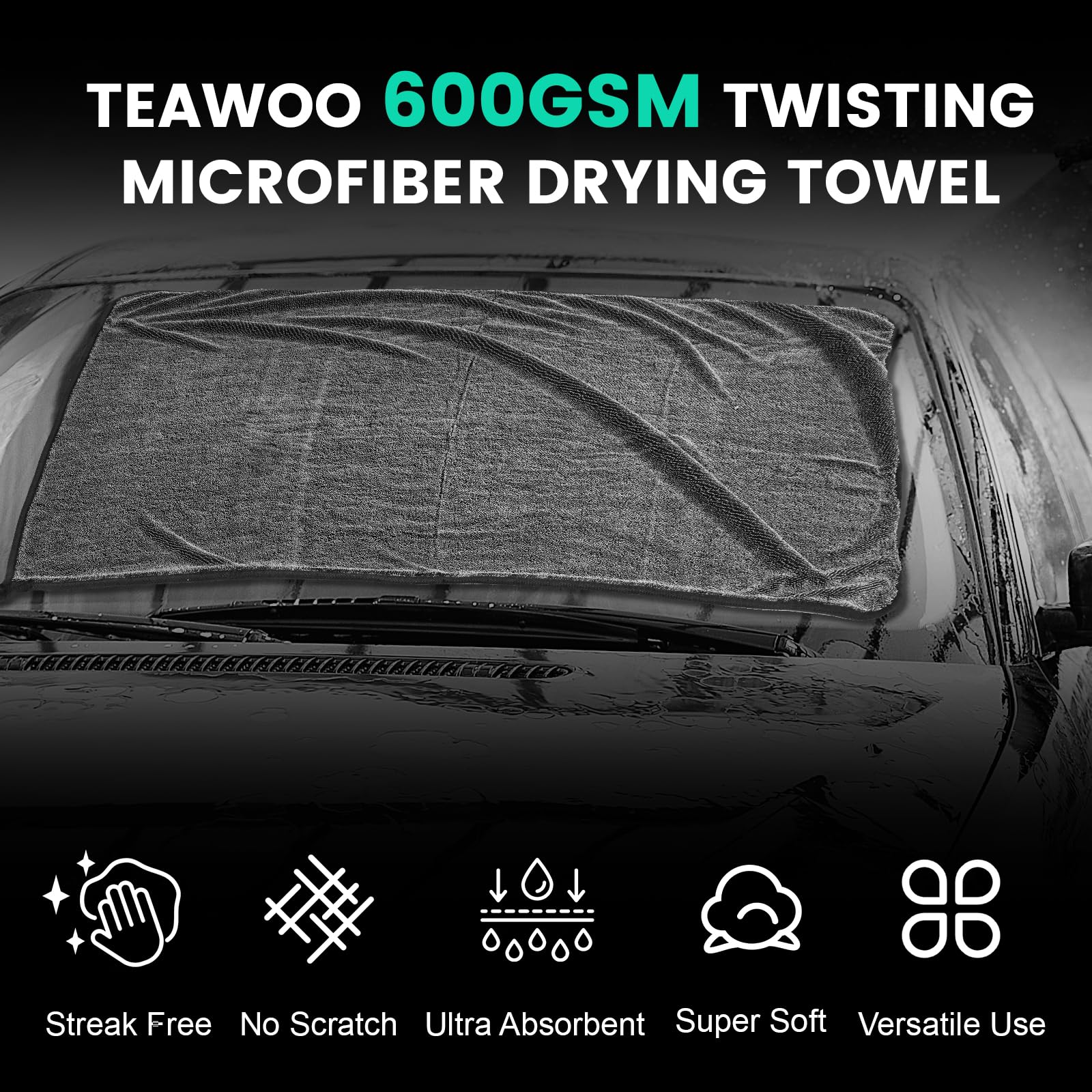 TEAWOO towel drying a washed SUV in driveway for quick, paint-safe drying