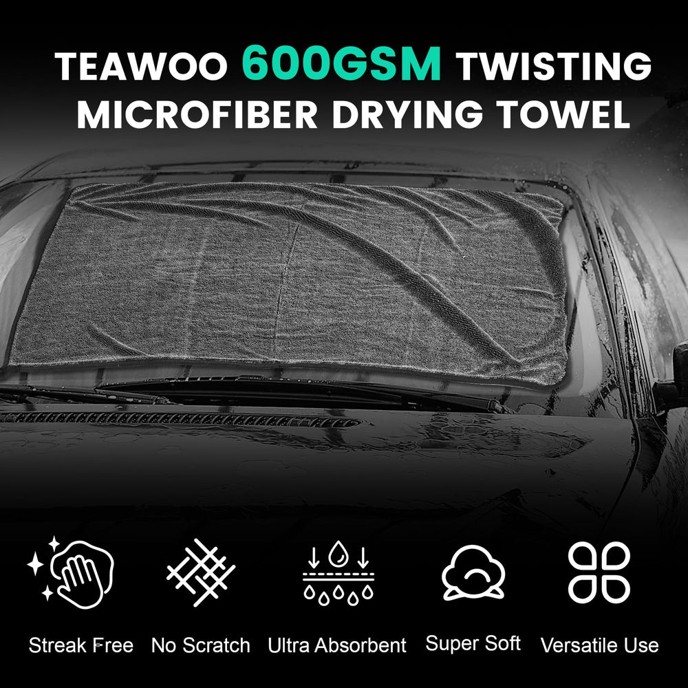 TEAWOO towel drying a washed SUV in driveway for quick, paint-safe drying