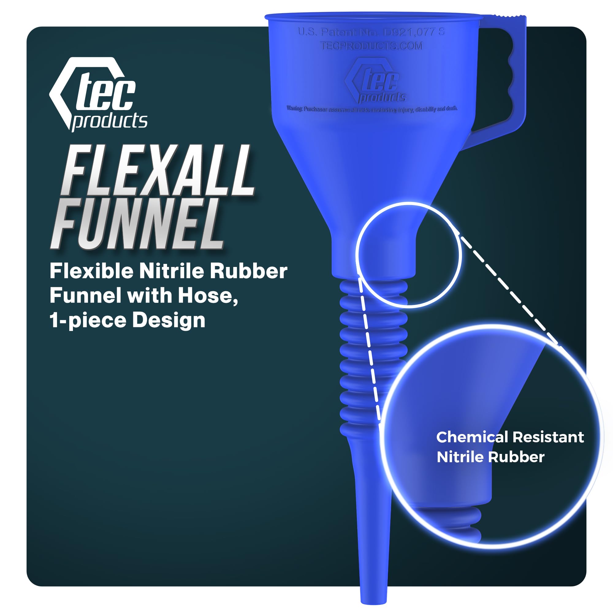 TEC Products funnel bent to fit tight filler necks demonstrating flexible reach