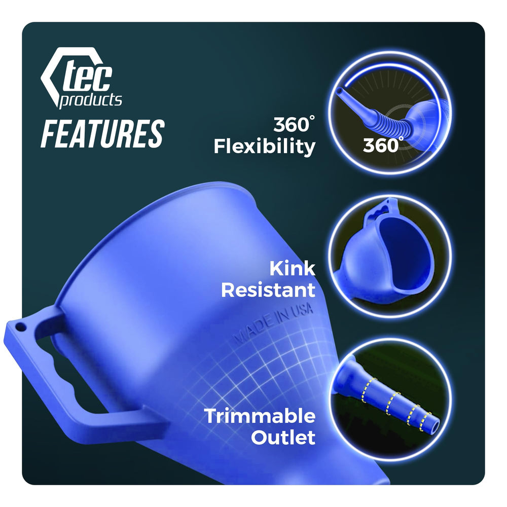 TEC Products funnel in use pouring oil into engine reducing spills