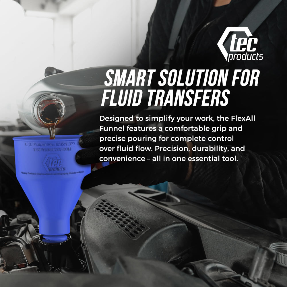 TEC Products funnel packaged with hose illustrating ready-to-use convenience