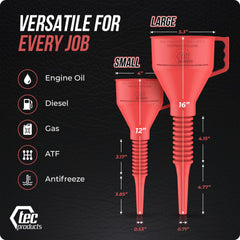 TEC Products funnel pouring motor oil into engine port demonstrating spill control