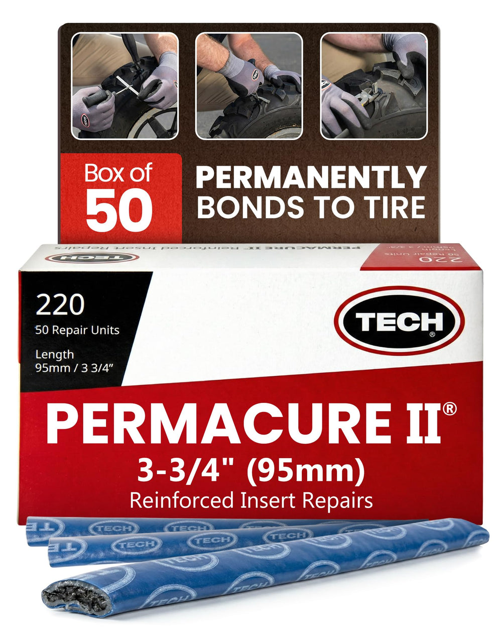 TECH Tire Repairs box front view showing 50 Permacure II plugs and clear labeling for storage benefit