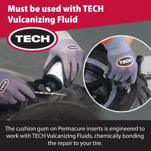 TECH plug partially inserted into a tubeless tire showing secure fit and quick repair benefit