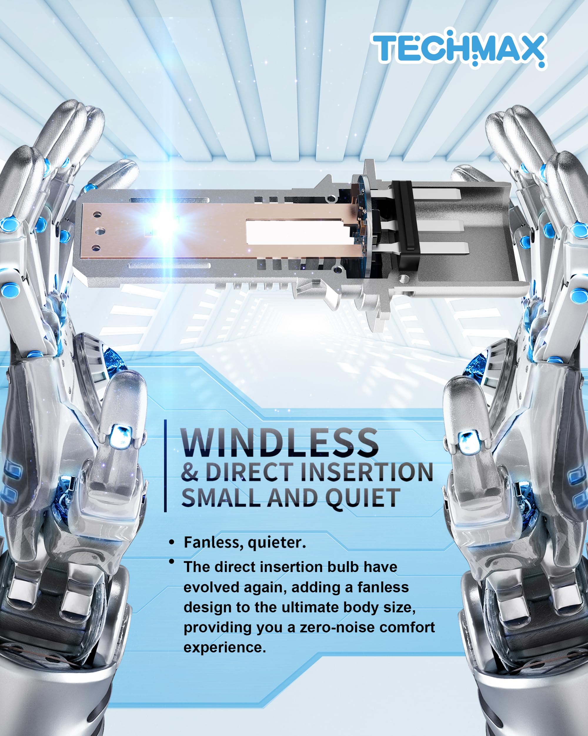TECHMAX 9007 compact profile highlighting fanless low-noise design