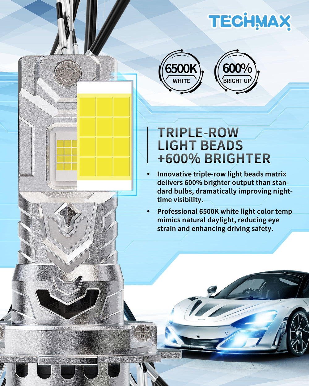 TECHMAX beam pattern on road showing 6500K white light improving visibility