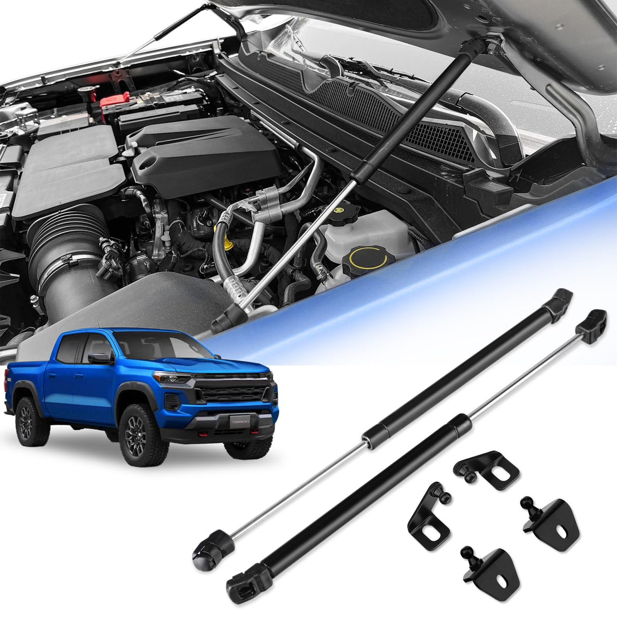 TECHPICCO front packaging showing the complete hood strut kit and quick install benefit