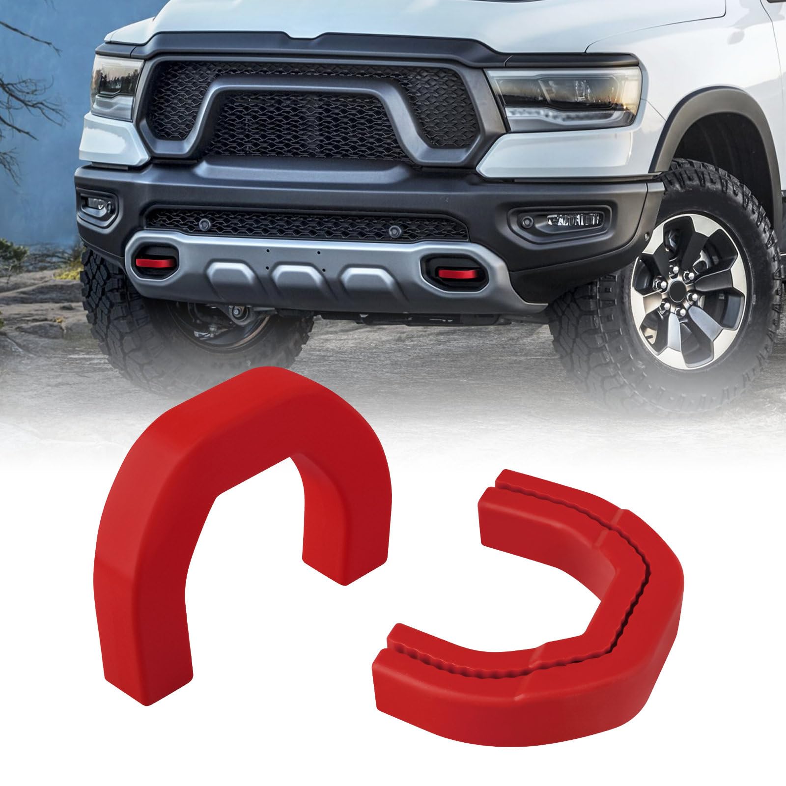 TECHPICCO front view installed on RAM 1500 showing bold red accent and improved look