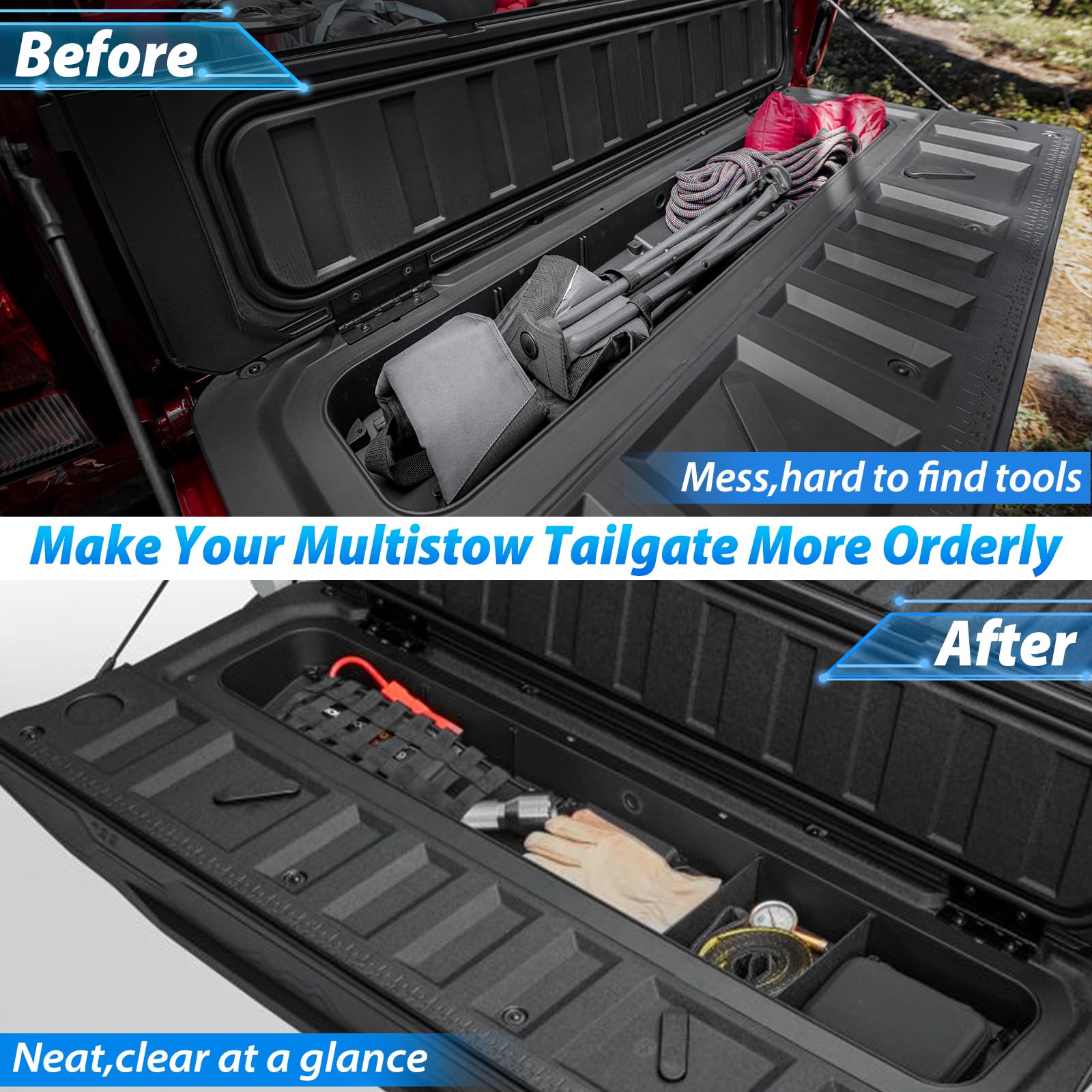 TECHPICCO kit installed in Chevy Colorado tailgate improving organization