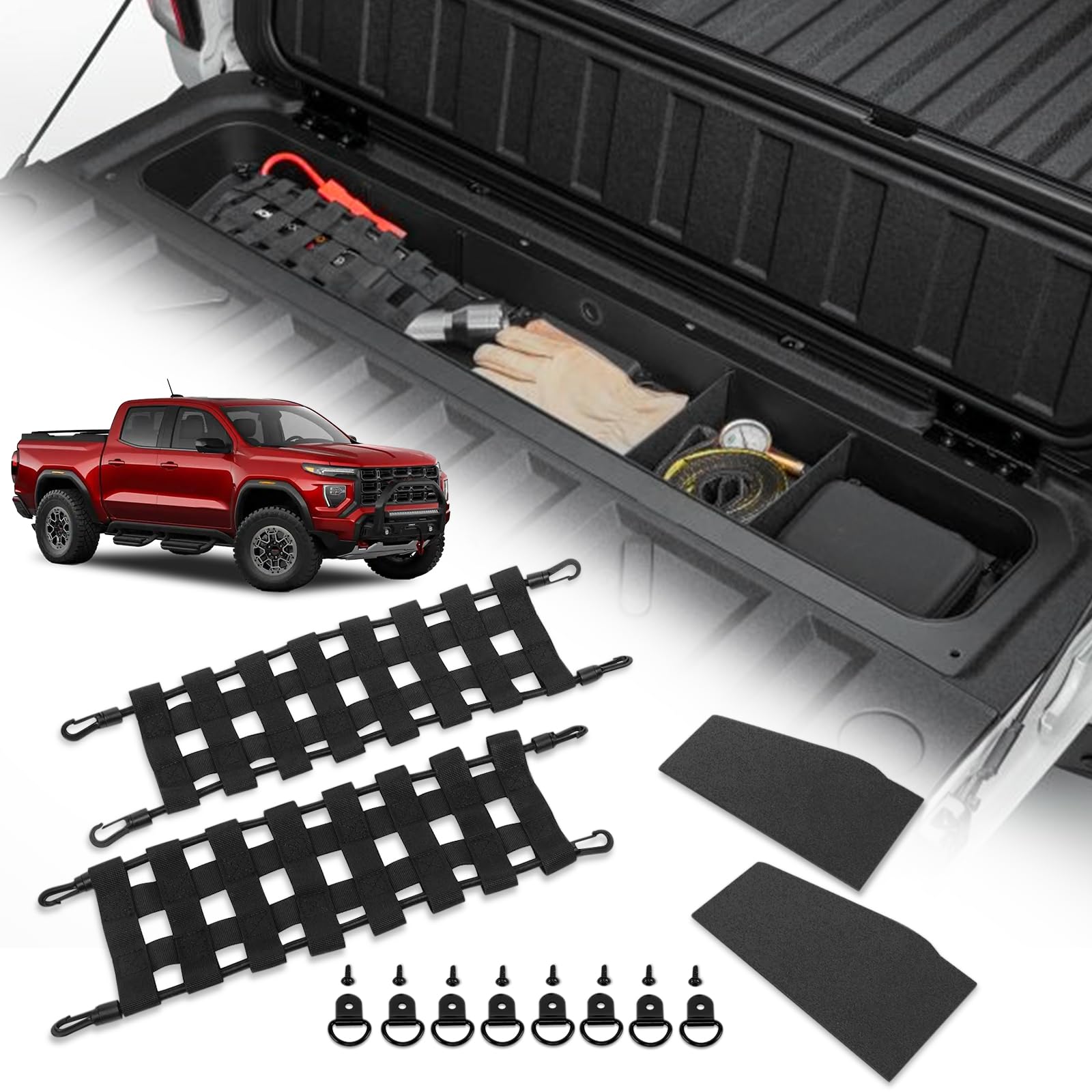 TECHPICCO tailgate organizer front view showing neat compartment benefits