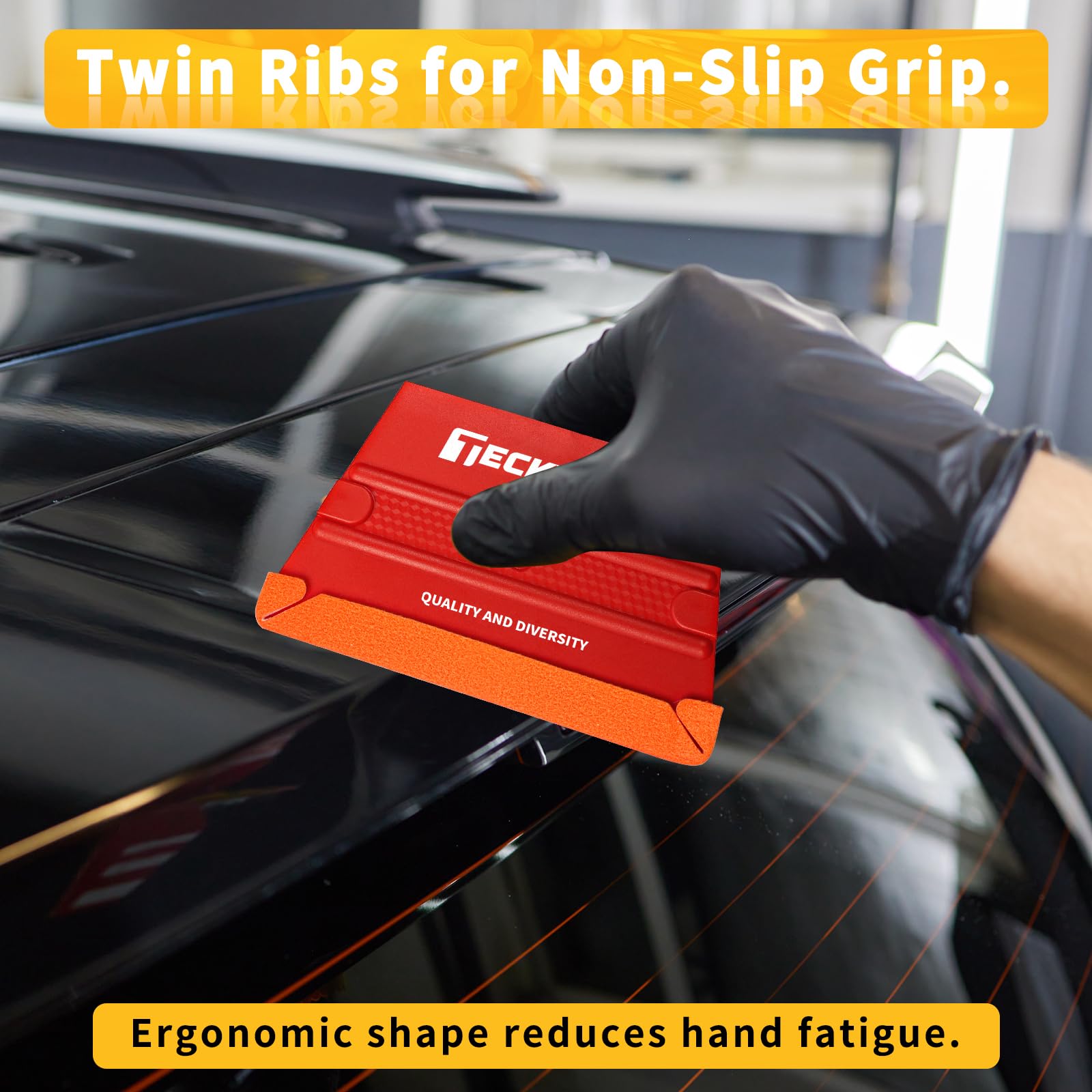 TECKWRAP squeegee in use on vehicle curve improving film adhesion