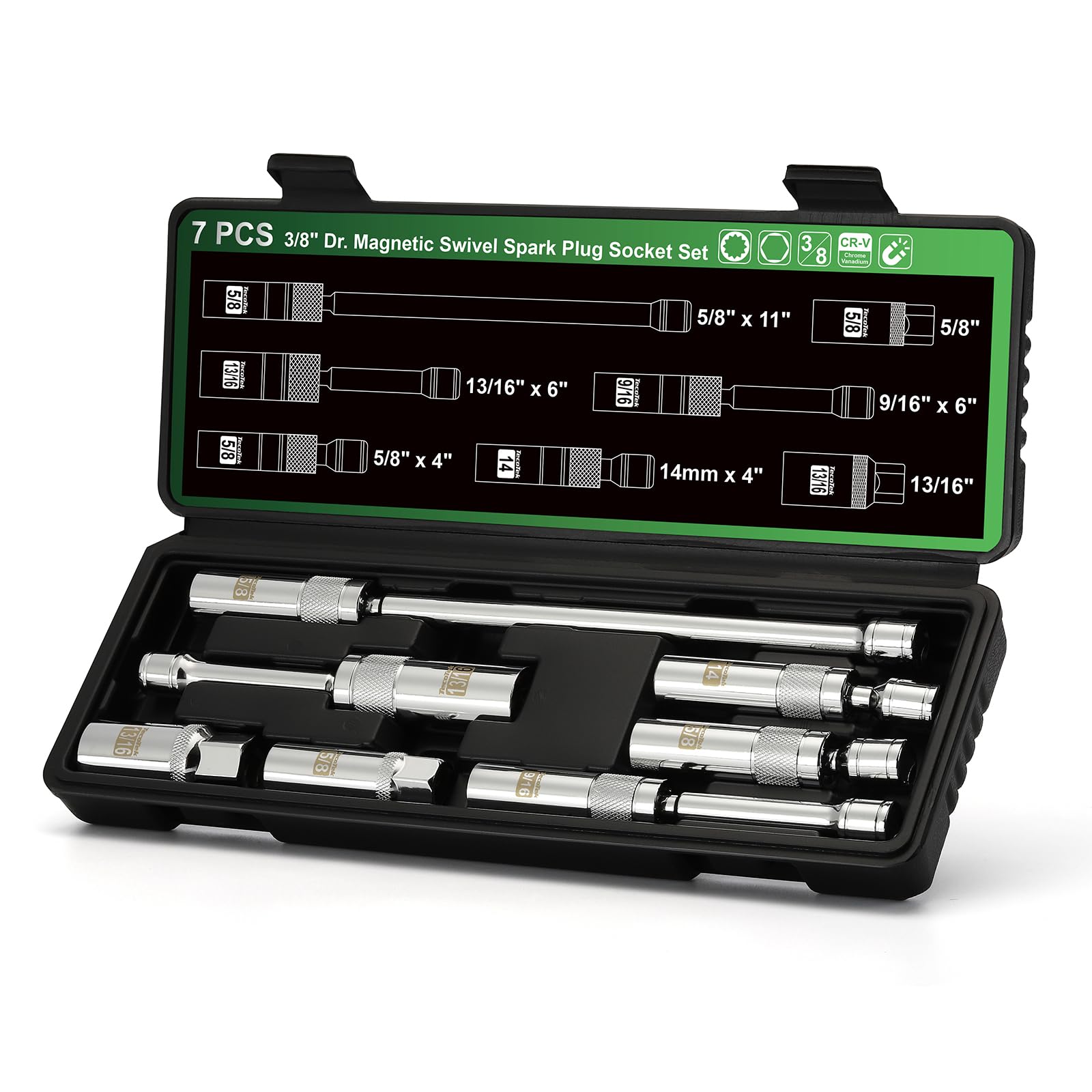 TecoTek front packaging showing full 7-piece spark plug kit and benefits