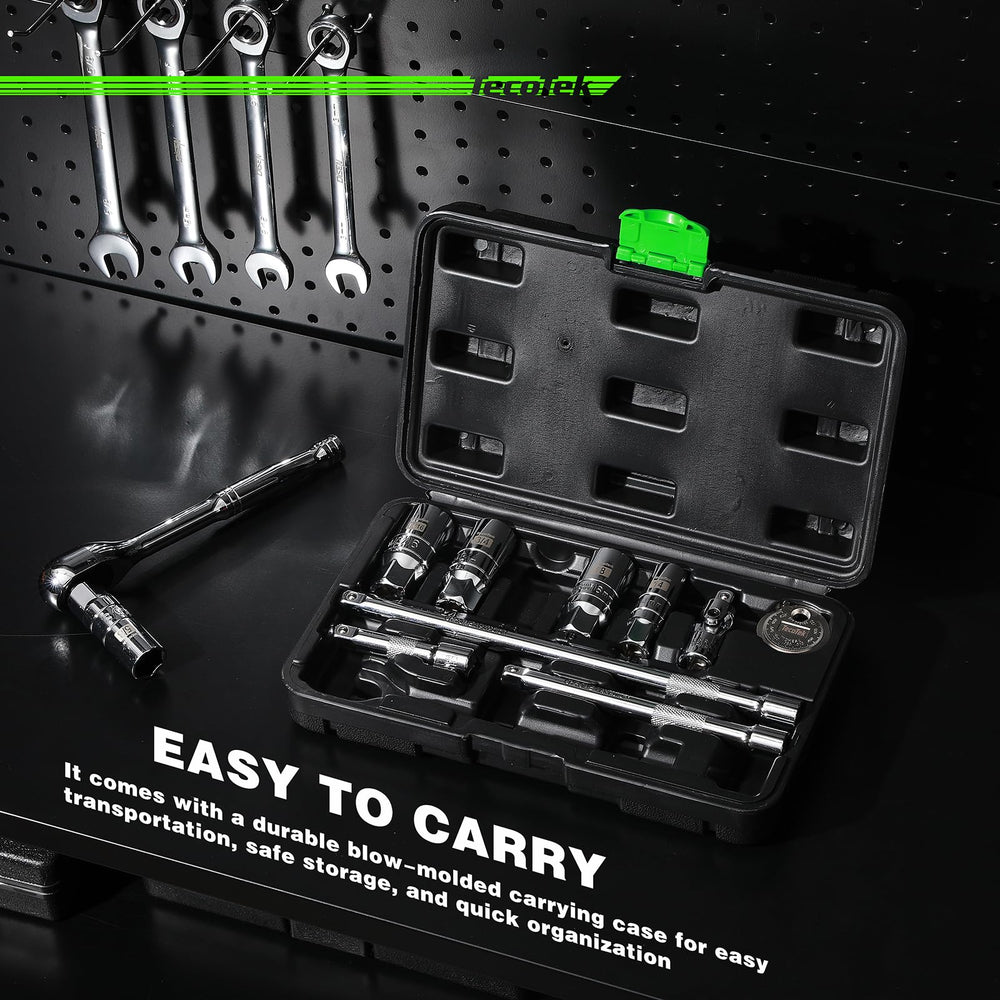 TecoTek set in use reaching a deep spark plug well to prevent dropped plugs