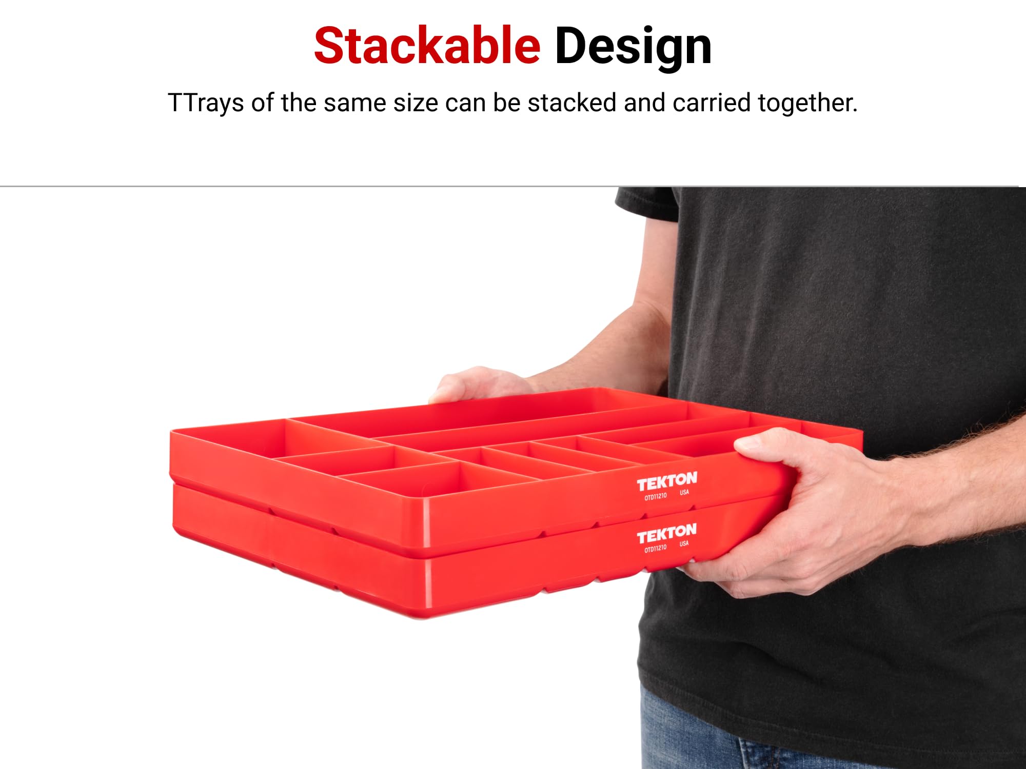 TEKTON stacked trays demonstrating secure stackability for easy transport benefit