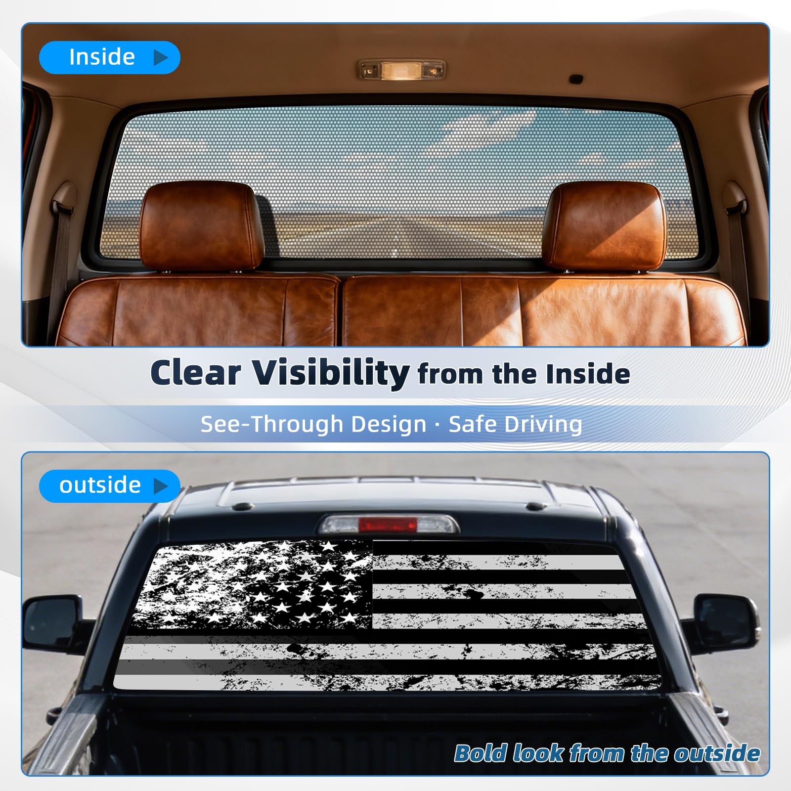Telimocy installed on pickup rear window demonstrating patriotic look and safe visibility