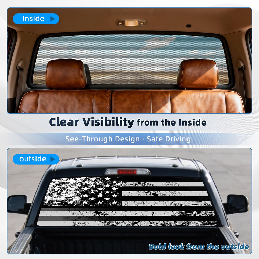 Telimocy installed on pickup rear window demonstrating patriotic look and safe visibility