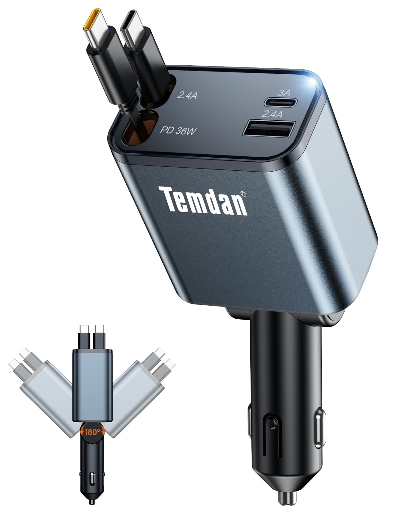Temdan front view showing retractable charger and neat cable storage benefit