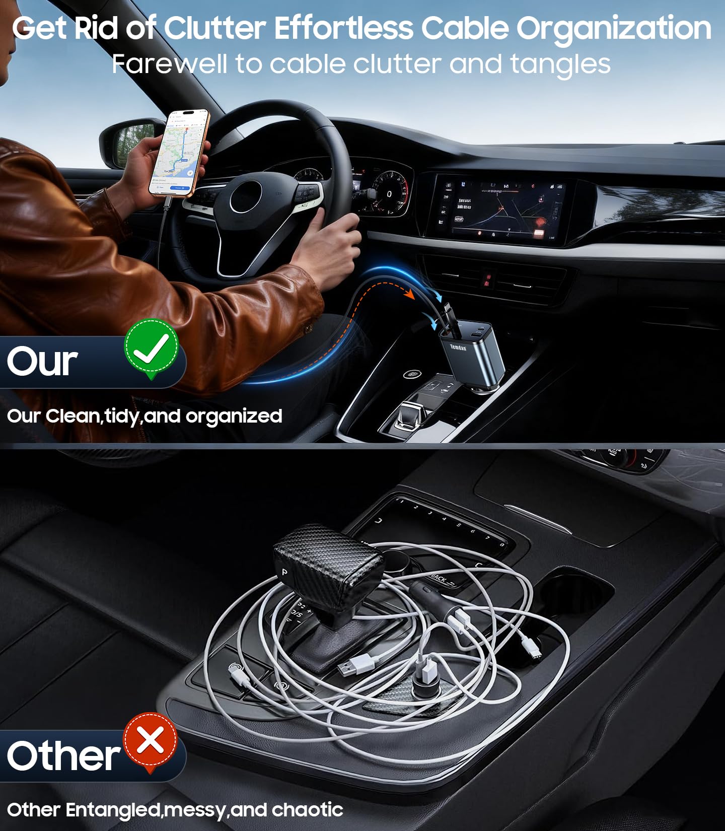 Temdan installed on car dashboard showing organized interior benefit