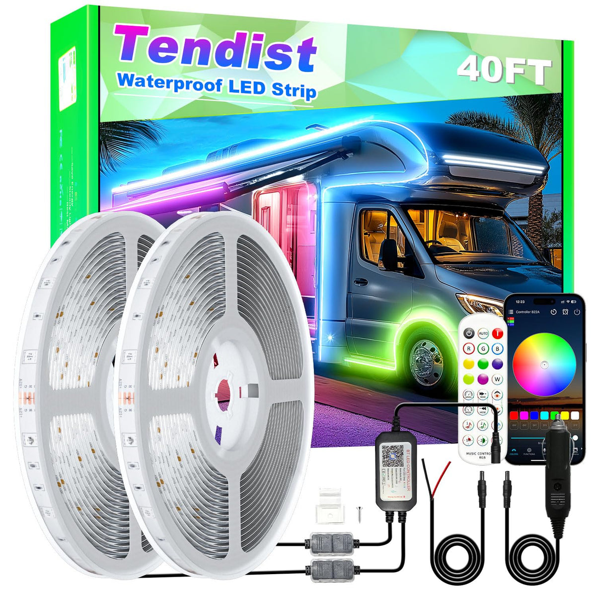 TENDIST front packaging of 40ft RV LED strip showing kit contents and benefit of complete set