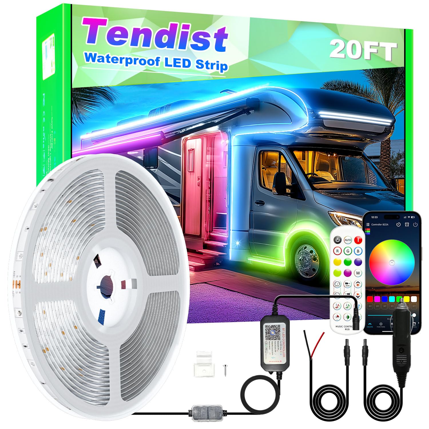 TENDIST front view of awning lit showing bright exterior lighting benefit