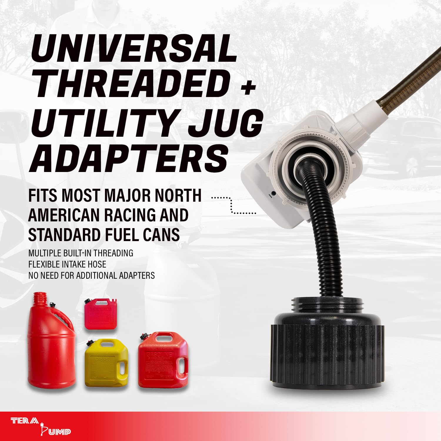 TERA PUMP being held while pumping fuel, demonstrating cordless convenience and speed