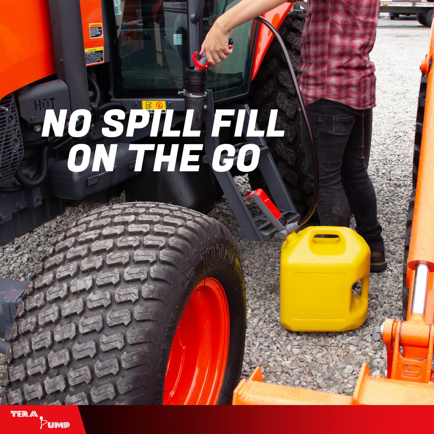 TERA PUMP attached to a gas can demonstrating secure refueling