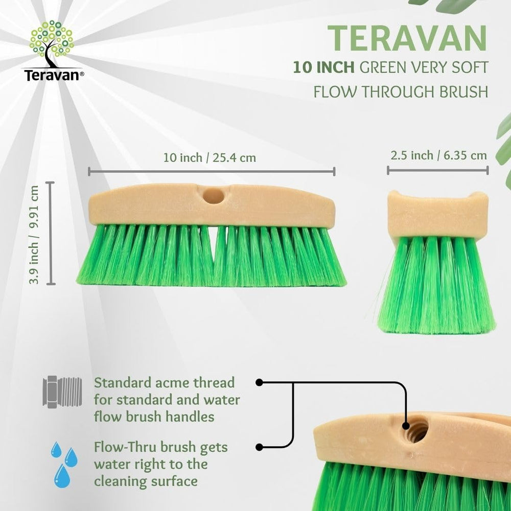 Teravan connected to flow-through pole delivering water through brush head for rinsing