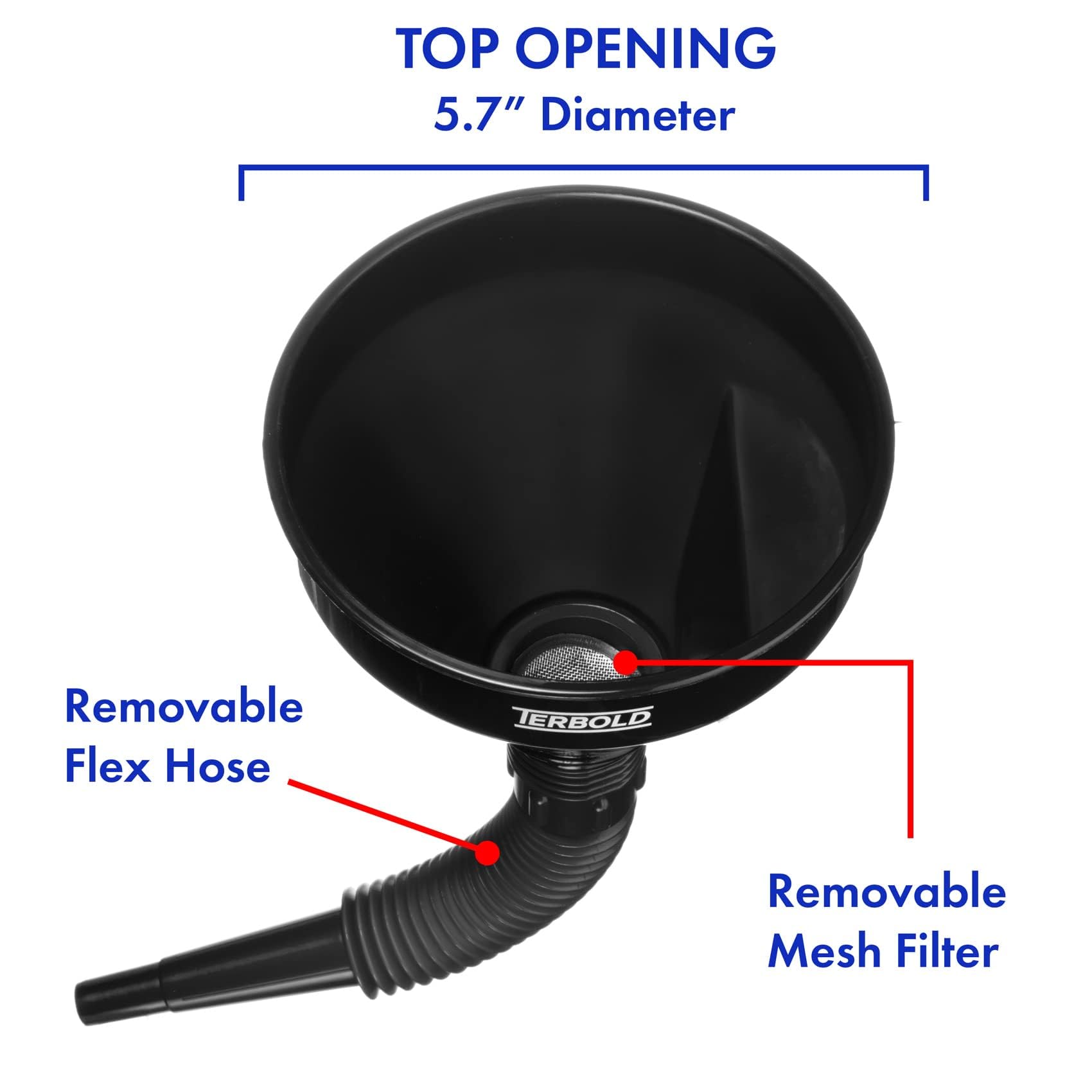 Terbold flexible hose attached to funnel reaching confined openings