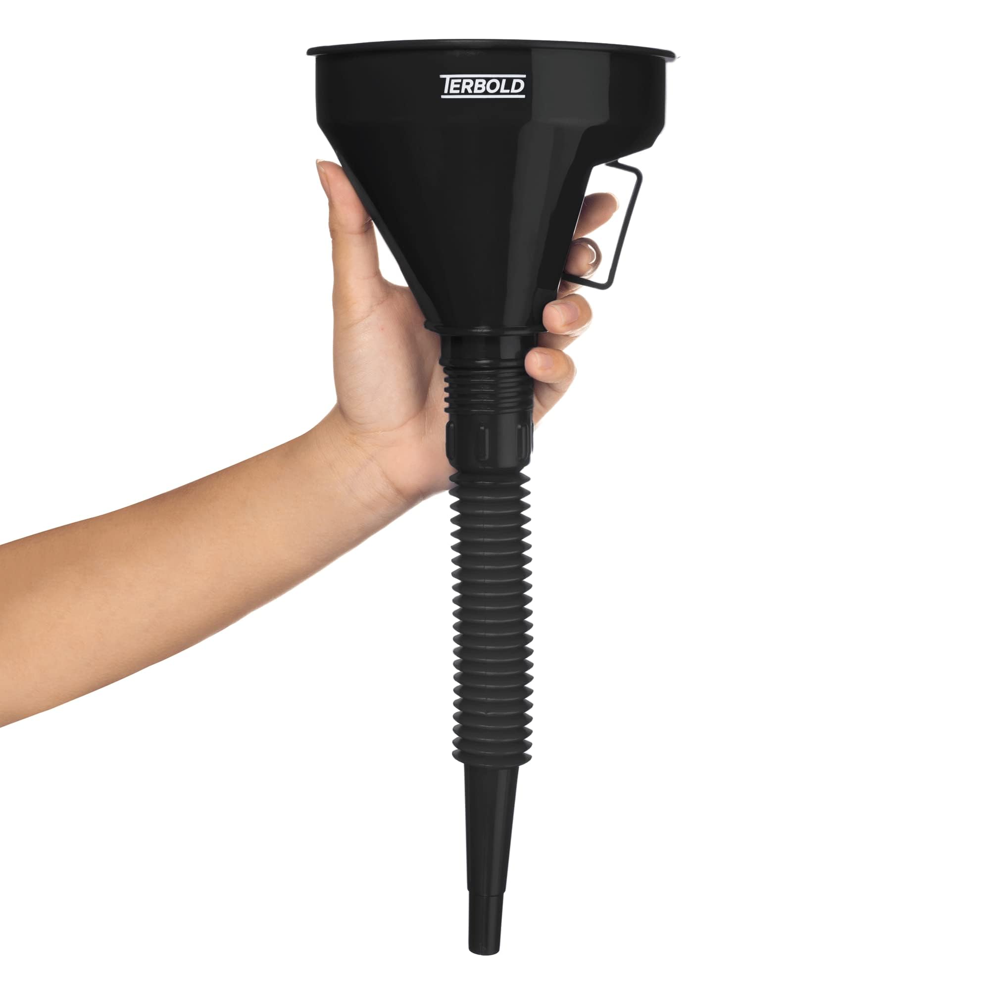 Terbold funnel held in hand showing compact size and portability