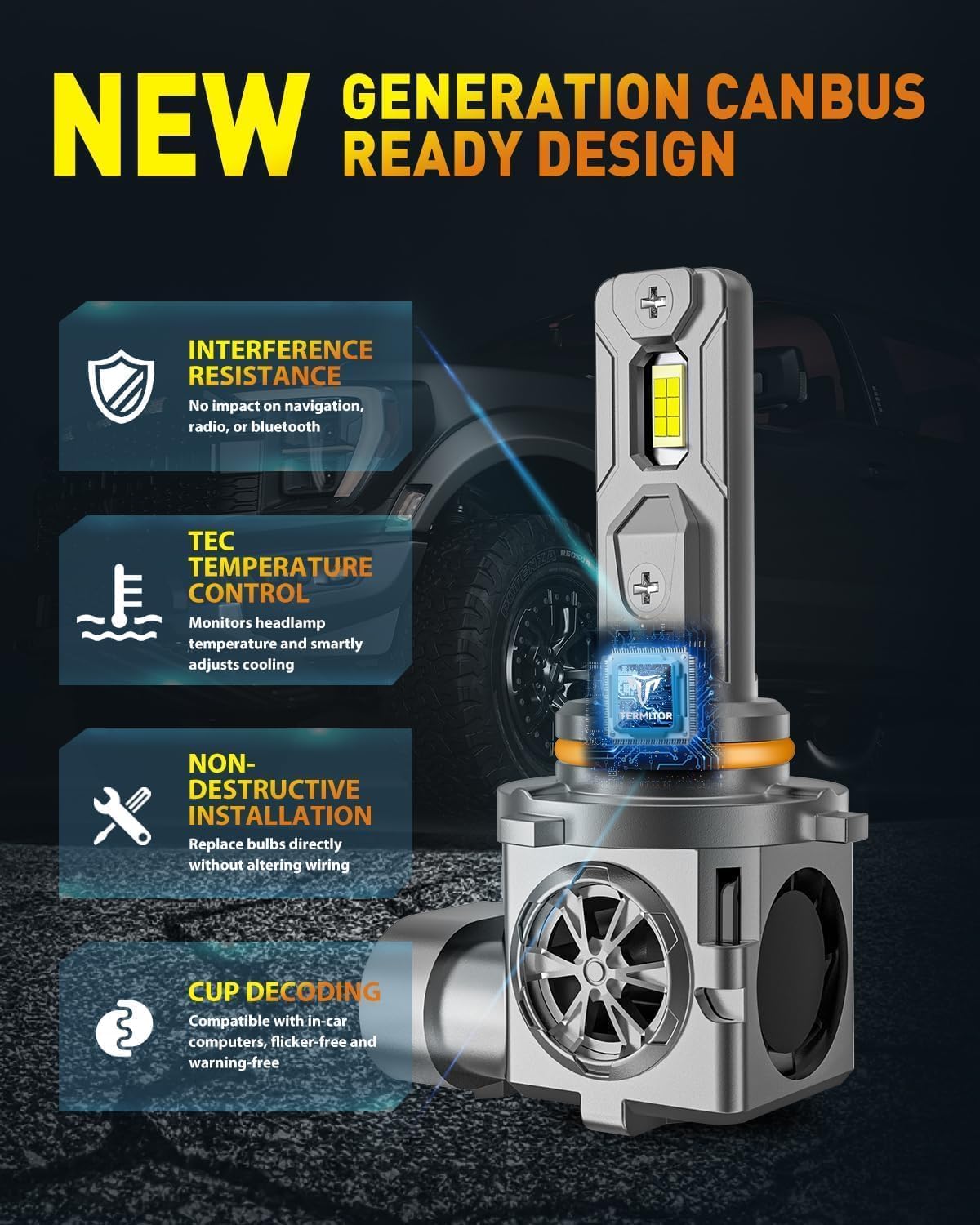 Termitor 9005 installed in headlight housing showing improved road visibility