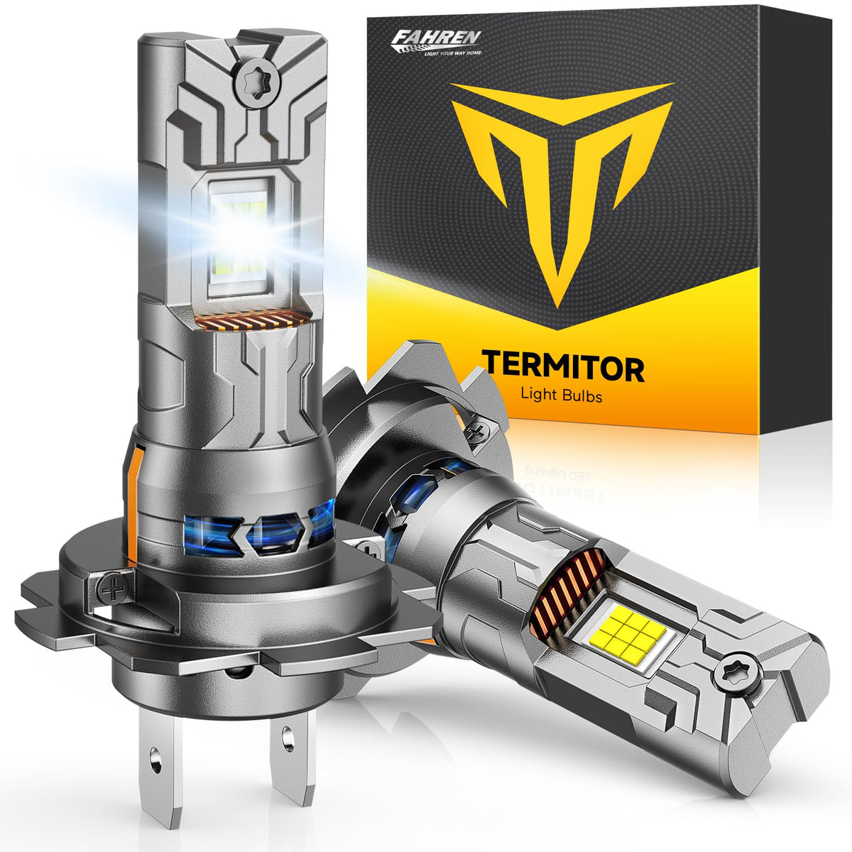 Termitor front view of H7 bulbs showing plug-and-play fit, improves installation speed