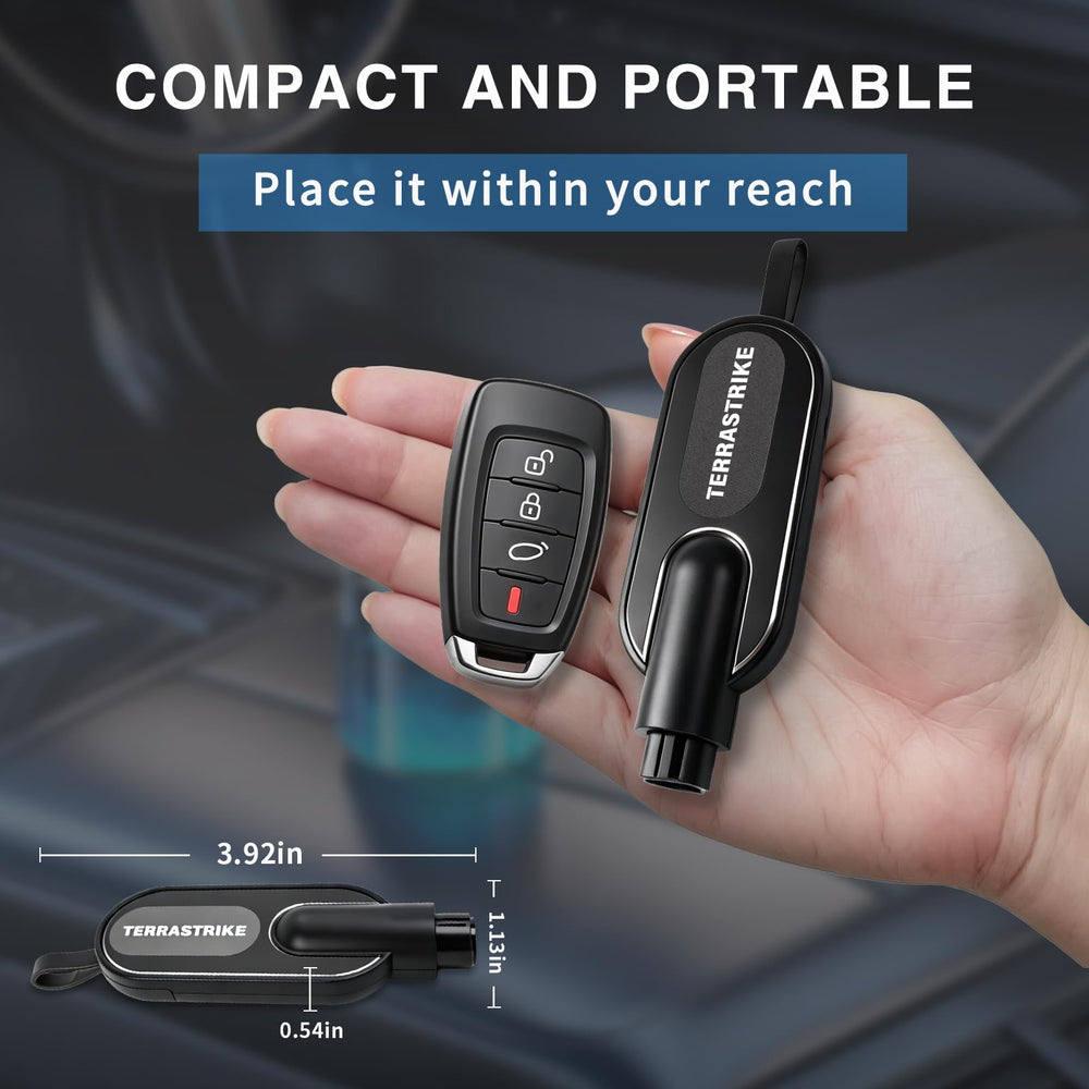 TERRASTRIKE CAR ESCAPE breaking tempered glass action showing focused impact for escape