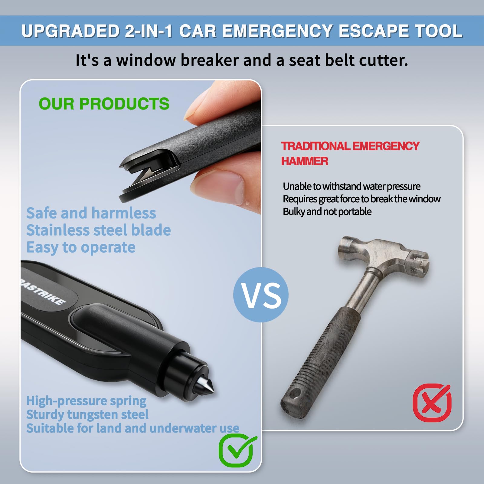 TERRASTRIKE CAR ESCAPE protective cover and blade showing safety shielding and fast cutting