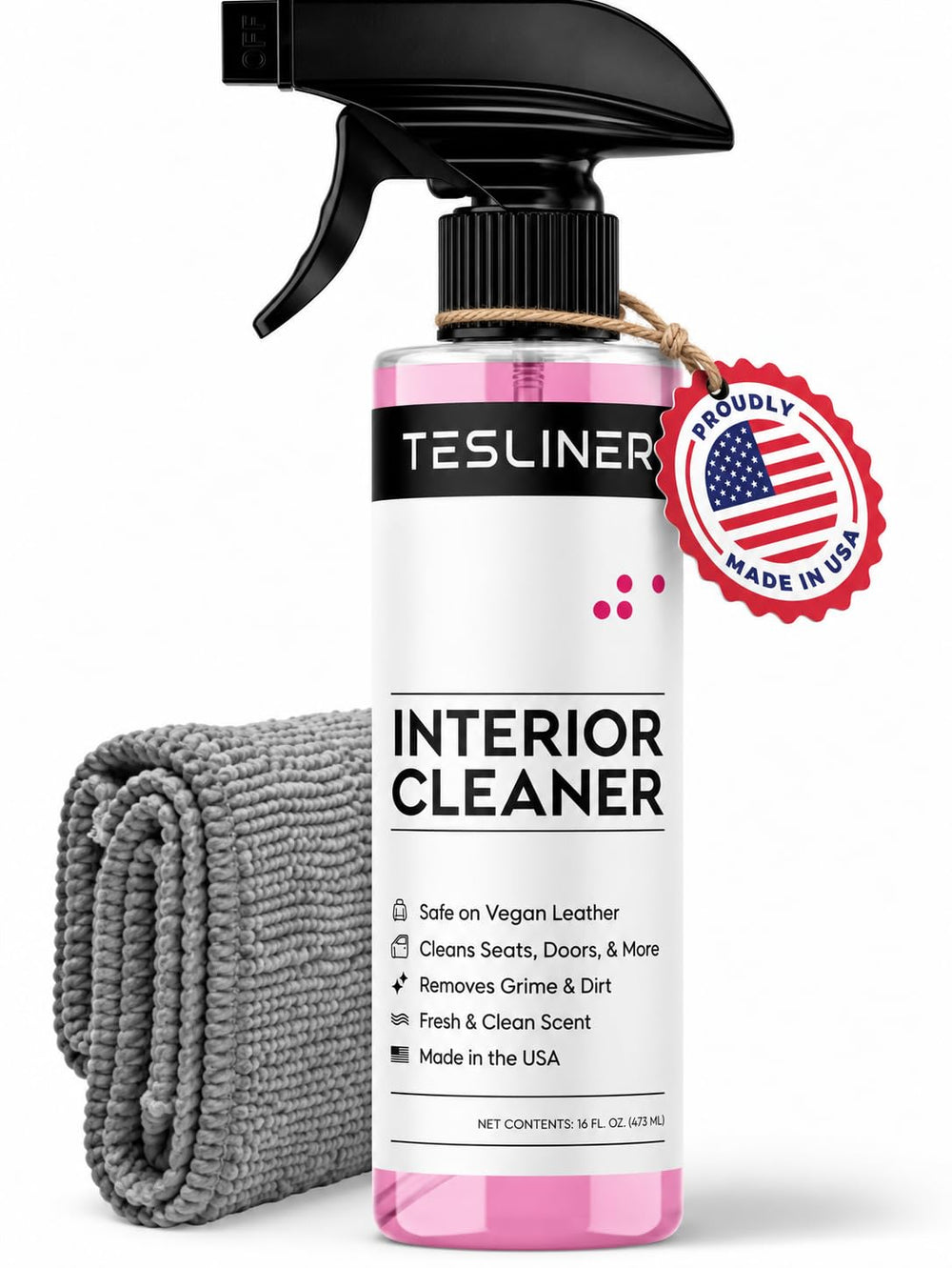 TesLiner front label showing product and Tesla compatibility benefits