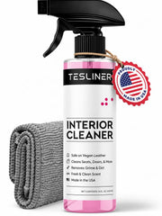 TesLiner front label showing product and Tesla compatibility benefits