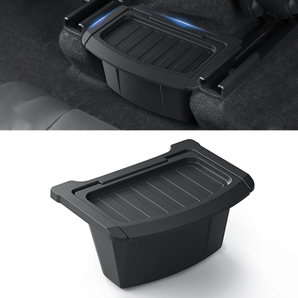 Tesnical front view installed in Model Y Juniper showing organized storage benefit