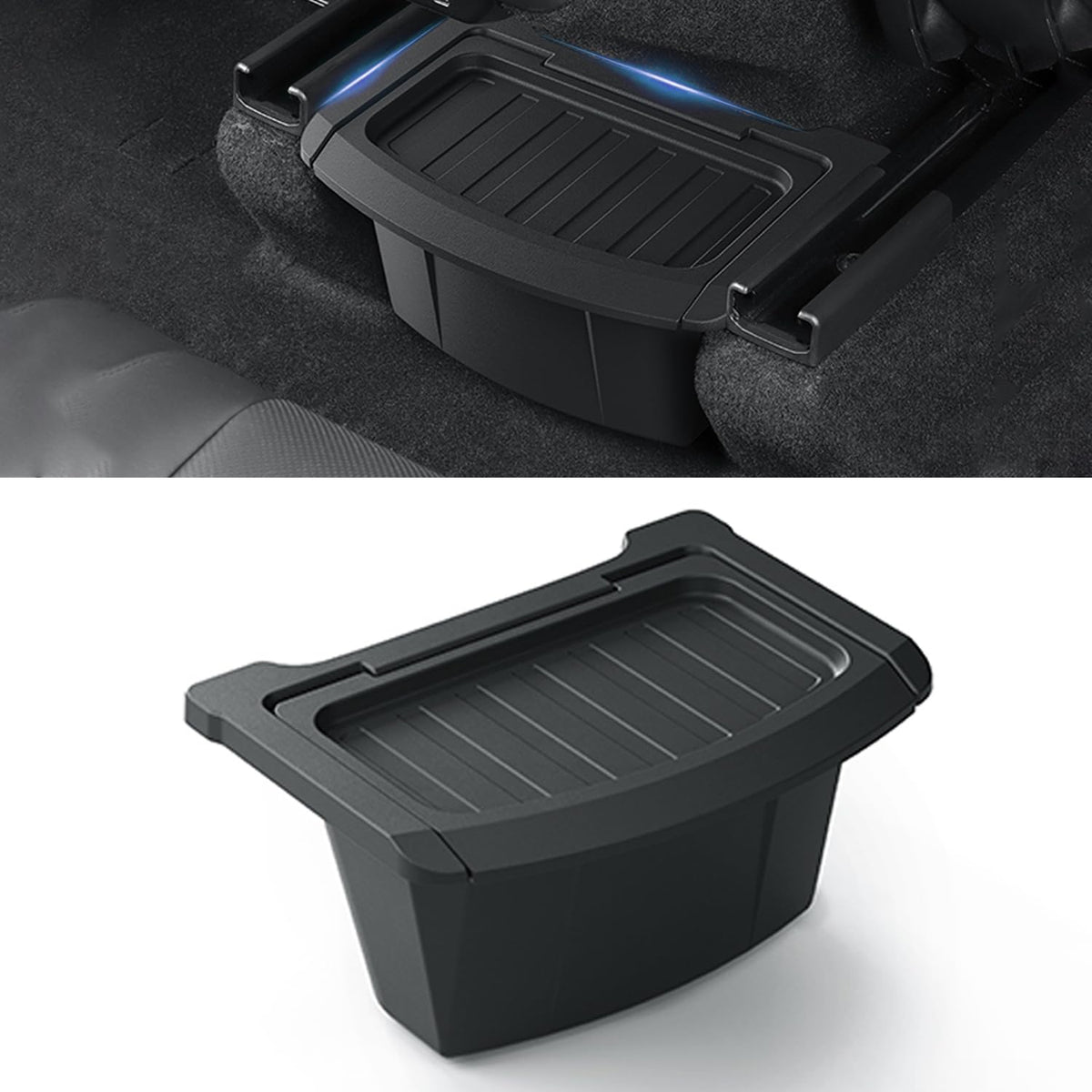 Tesnical front view installed in Model Y Juniper showing organized storage benefit