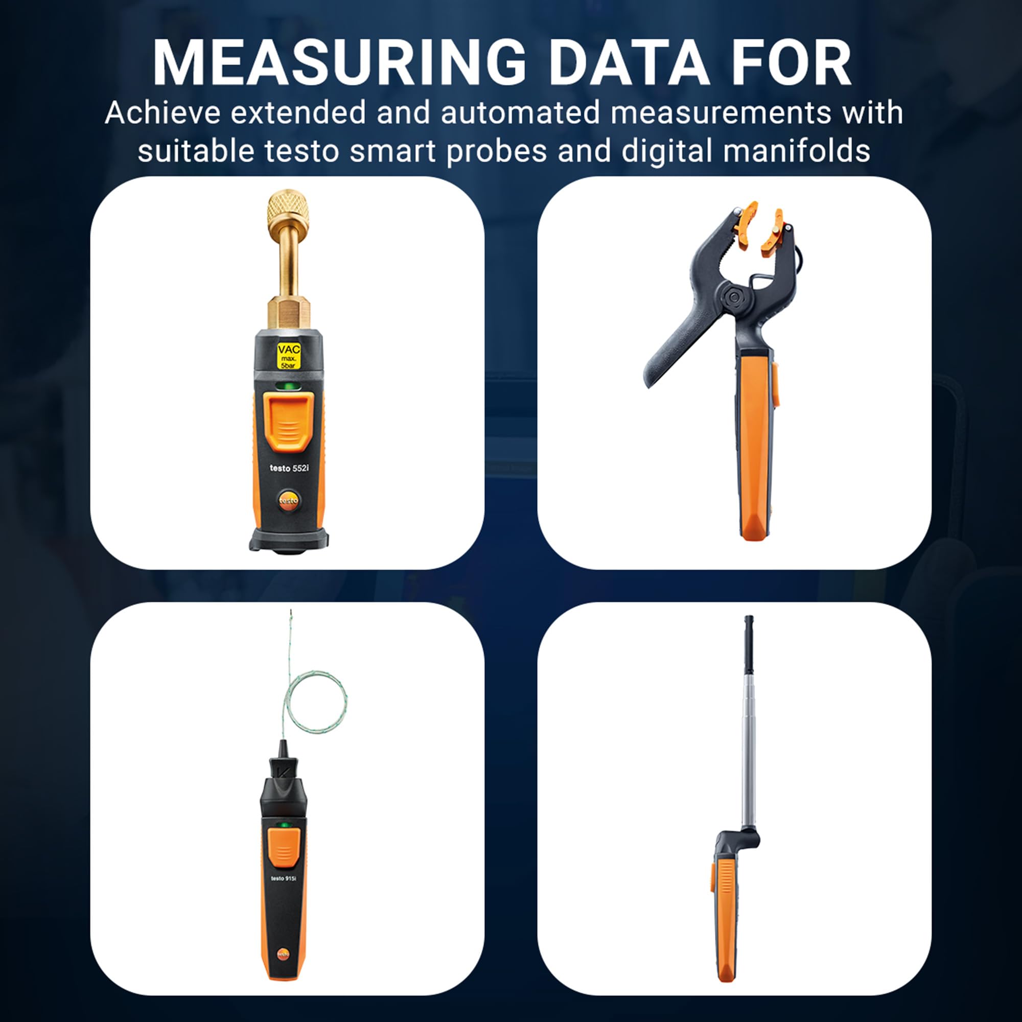 Low- and high-side hoses and gauges of Testo 550s for accurate measurements