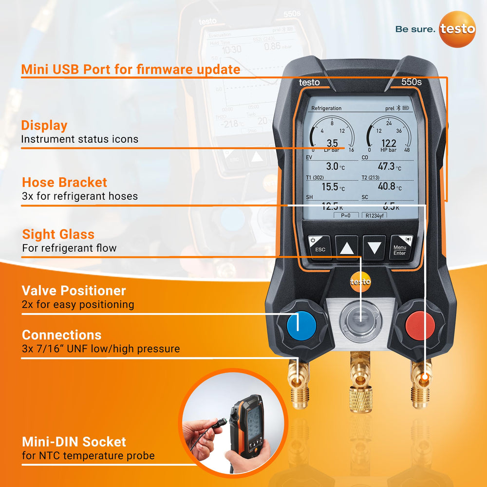 Testo 550s pressure ports and connectors for reliable service connections
