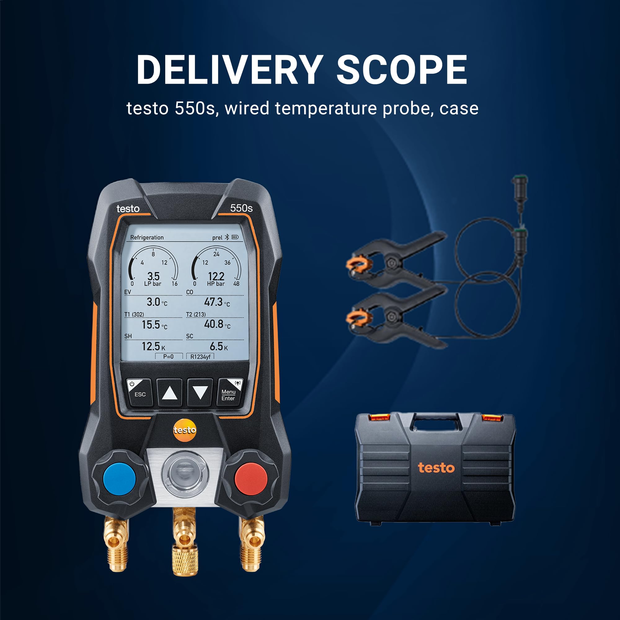 Testo vacuum probe and accessories arranged for system evacuation tasks