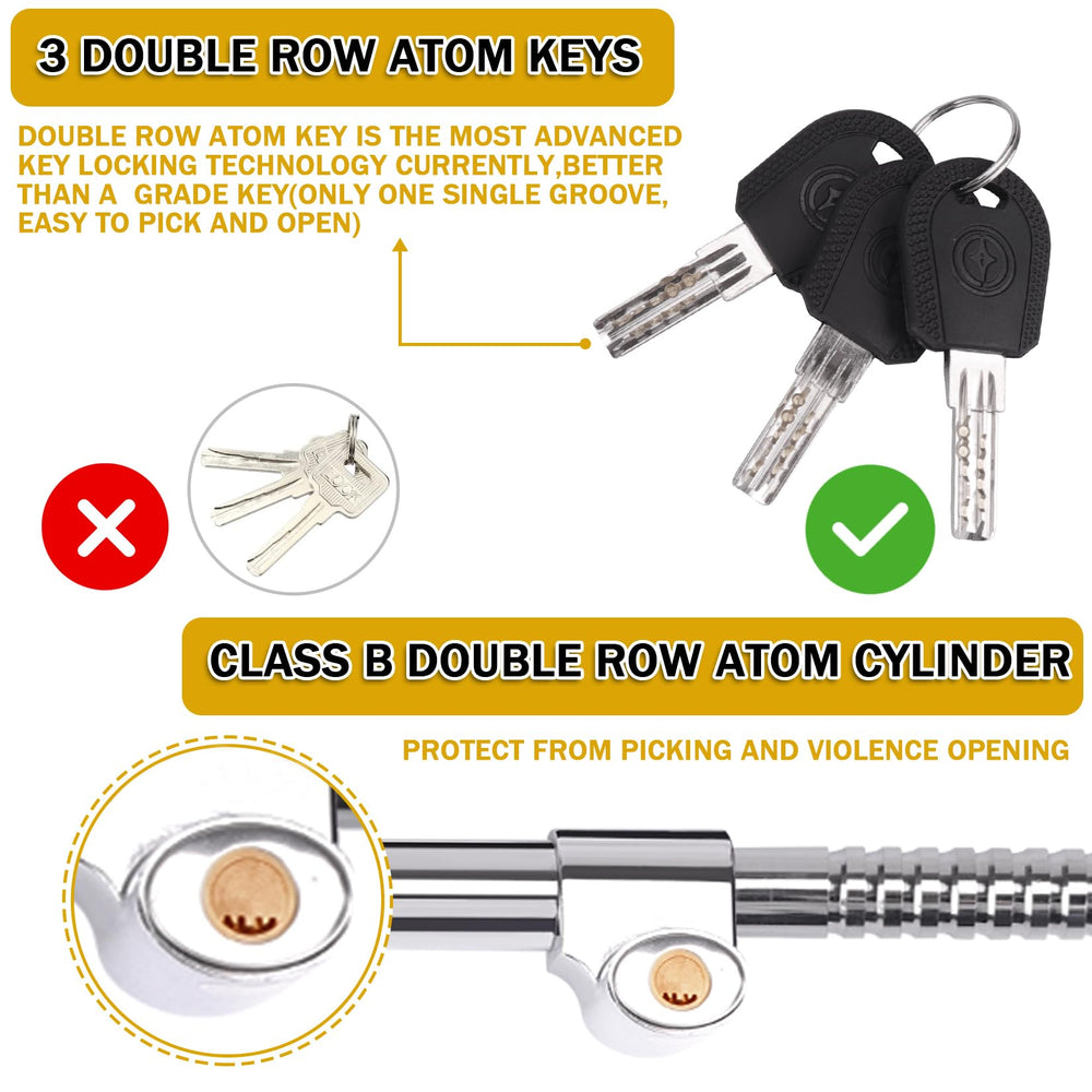 Tevlaphee fully extended telescopic lock demonstrating long reach for deeper pedal distance