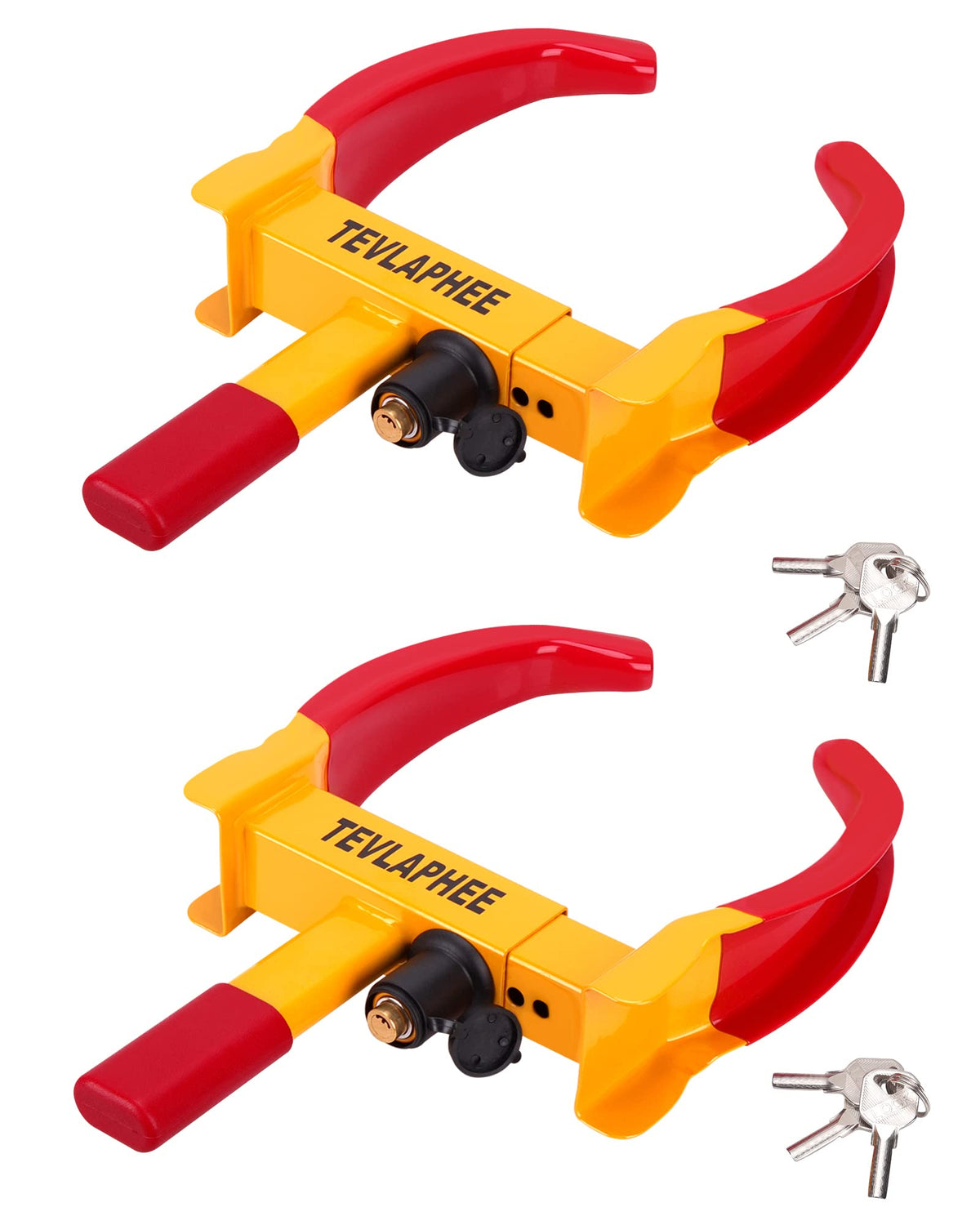 Tevlaphee front view of 2-pack wheel locks showing bright colors and visible deterrent