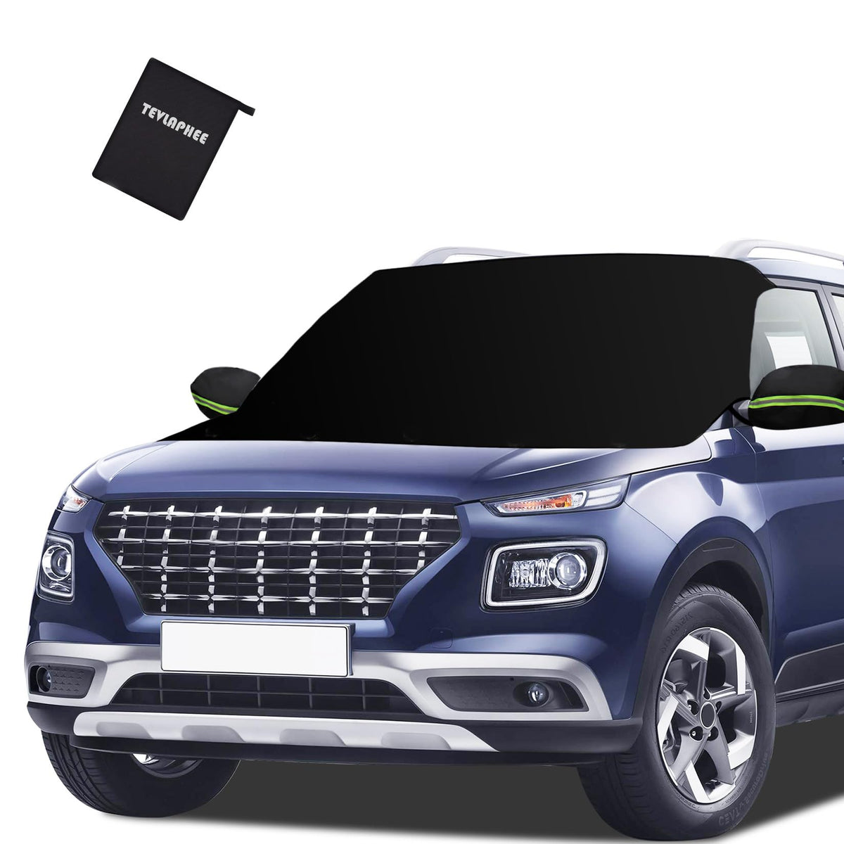 Tevlaphee front view of windshield cover on car showing full protection and quick setup