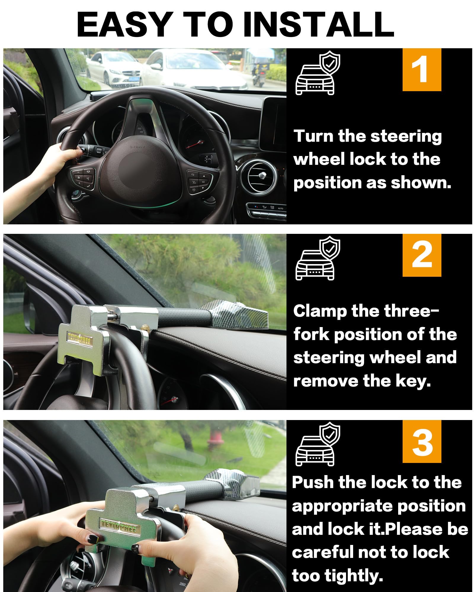 Tevlaphee installed on steering wheel showing visible deterrent and easy use benefit
