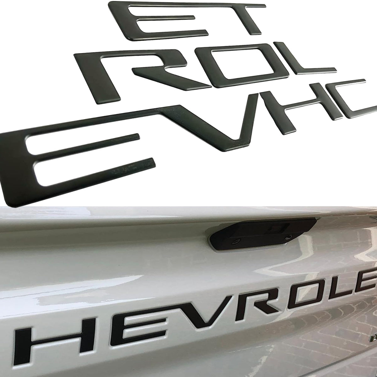 Texflic front view of matte black tailgate letters showing clean factory appearance and improved styling