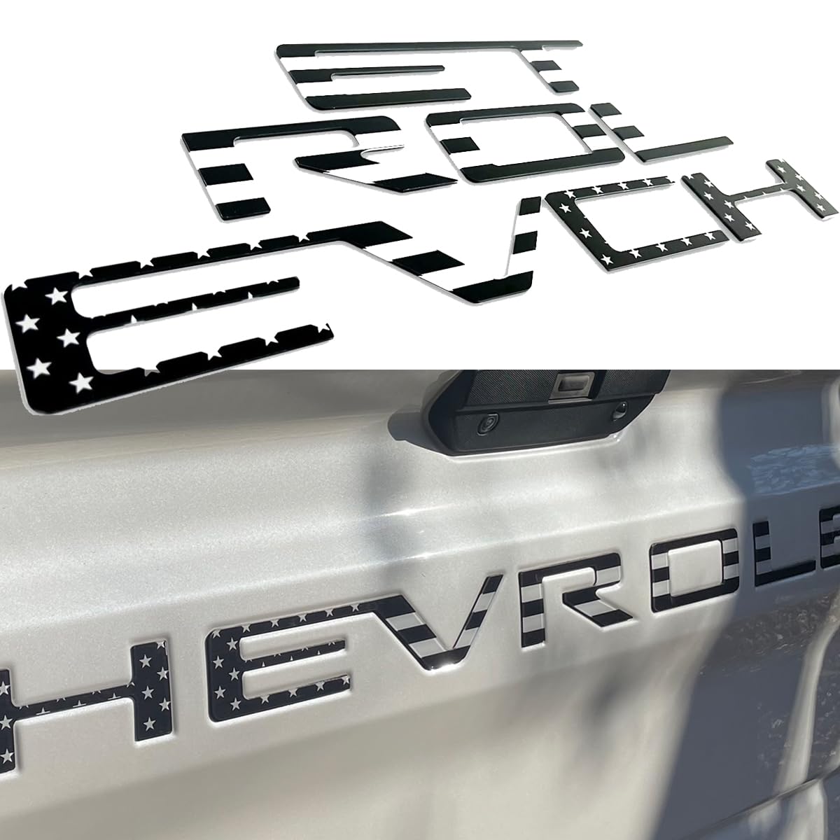 Texflic front view of black flag tailgate letters showing clean fit and bold look