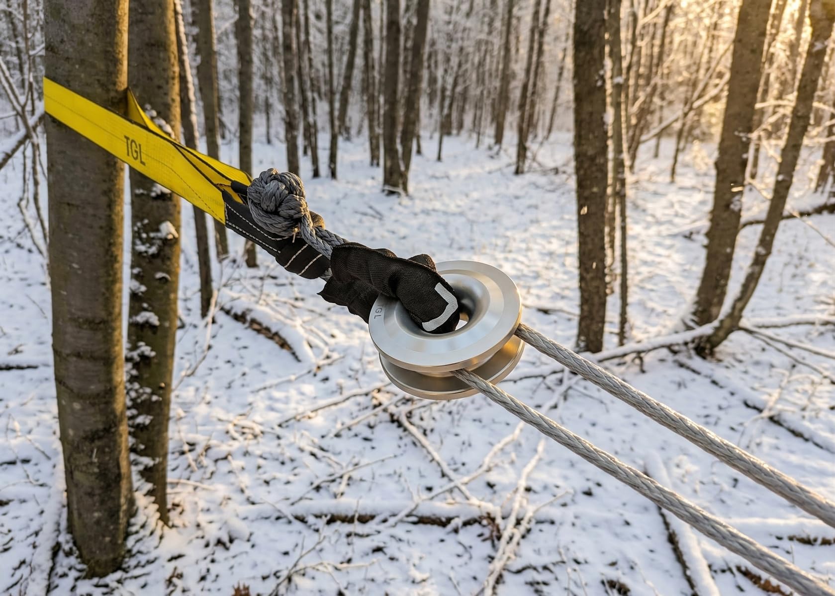 TGL yellow strap laid in field for high visibility during low-light recoveries
